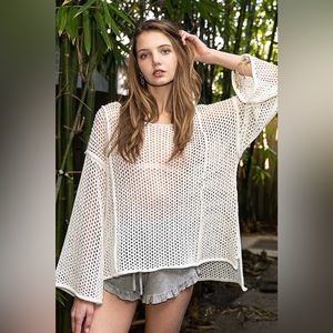 POL White Loose Knit Long Sleeve Pullover Sweater or Swim Coverup